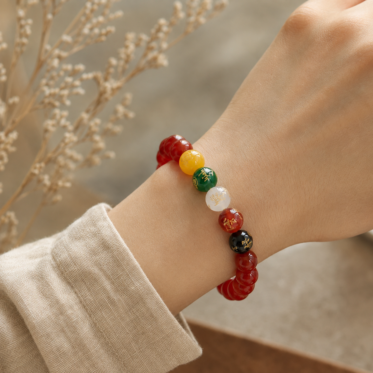 Five Elements Agate Blessing Bracelet – realistic on-wrist view