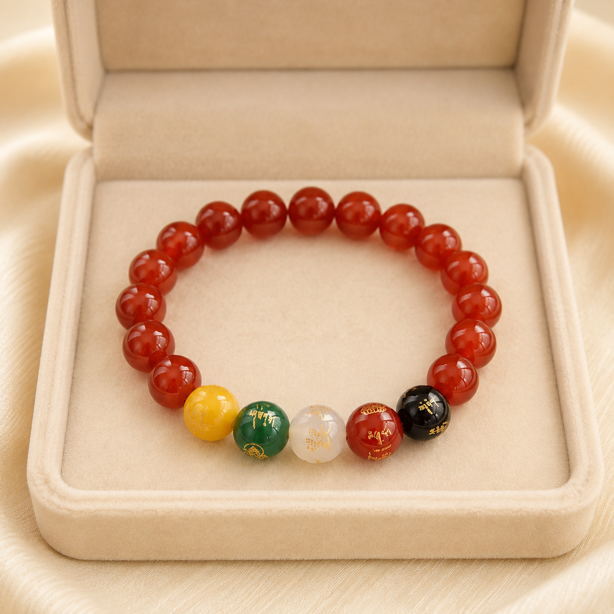 Five Elements Agate Blessing Bracelet – beige velvet gift-box view