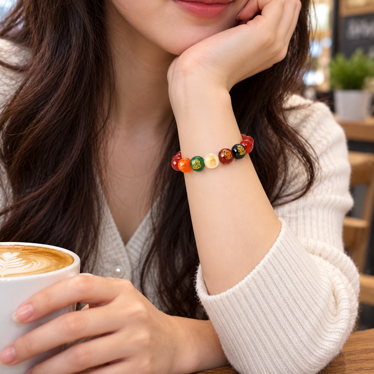 Five Elements Agate Bracelet – café wrist view