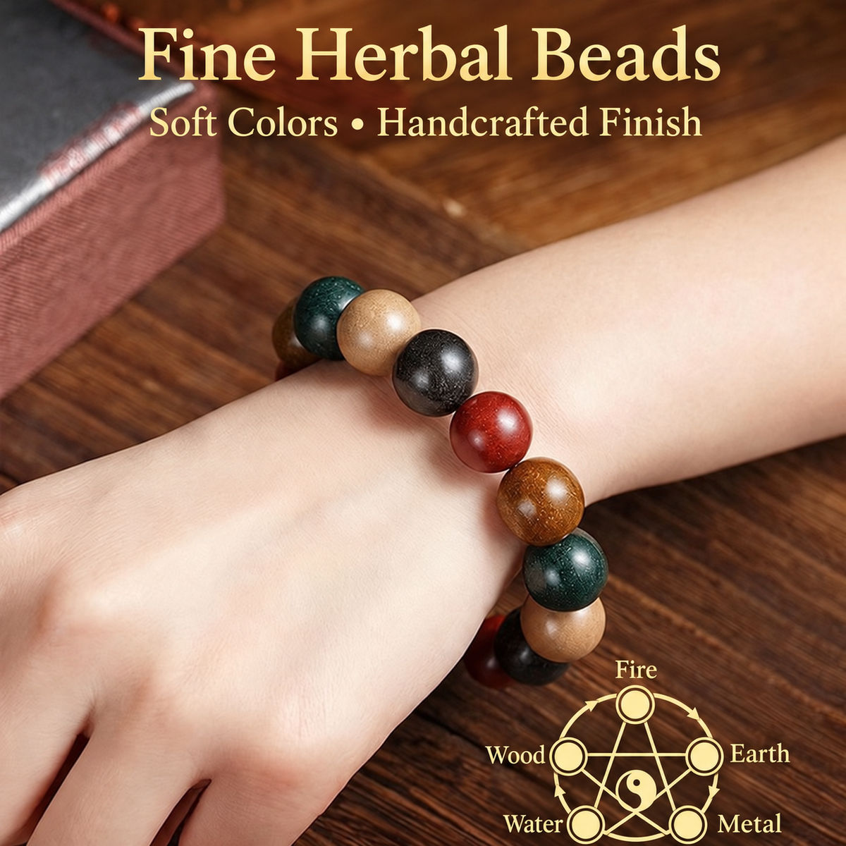Five Elements herbal incense bracelet worn on the wrist