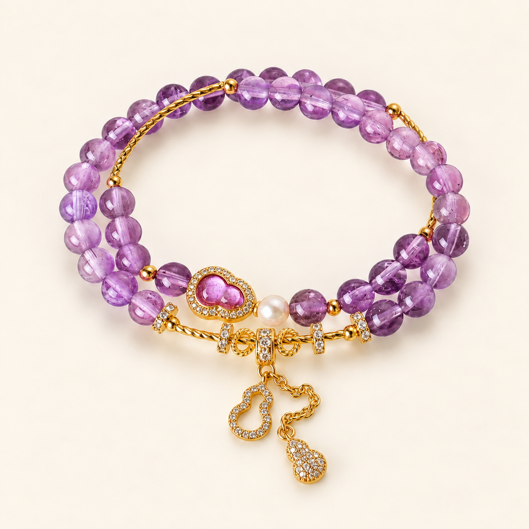 Amethyst Blessings & Prosperity double-wrap gemstone and pearl bracelet, 6mm