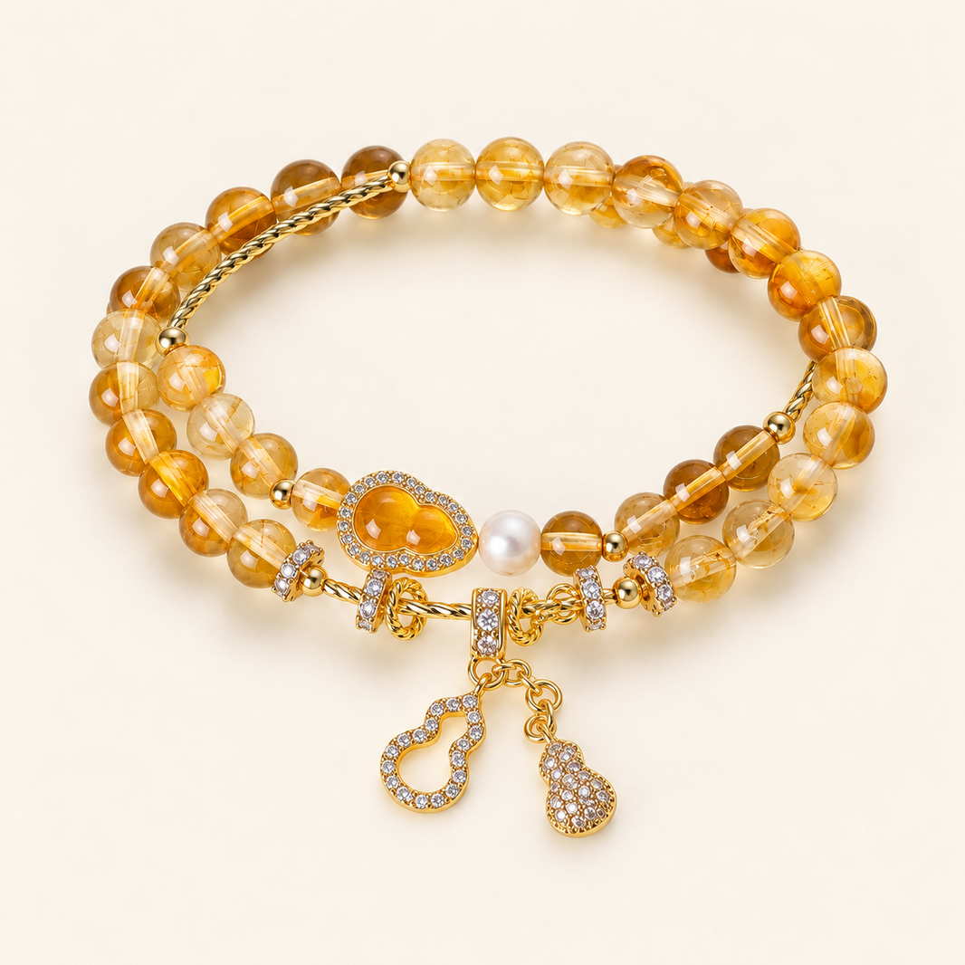 Golden Rutilated Quartz Blessings & Prosperity double-wrap gemstone and pearl bracelet, 6mm