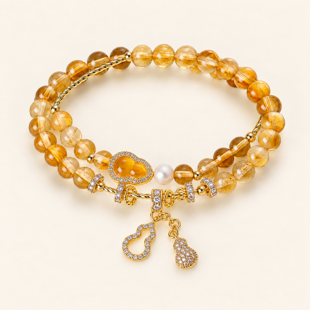 Golden Rutilated Quartz Blessings & Prosperity double-wrap gemstone and pearl bracelet, 6mm