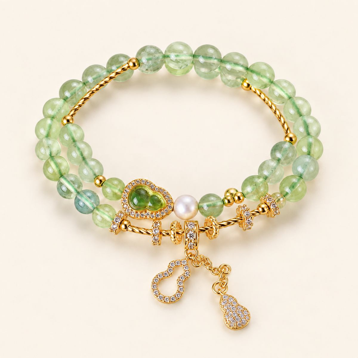Prehnite Blessings & Prosperity double-wrap gemstone and pearl bracelet, 6mm