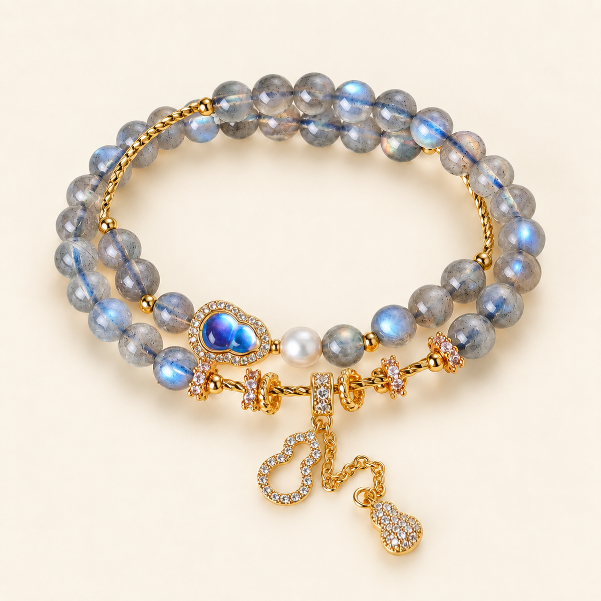 Gray Moonstone Blessings & Prosperity double-wrap gemstone and pearl bracelet, 6mm