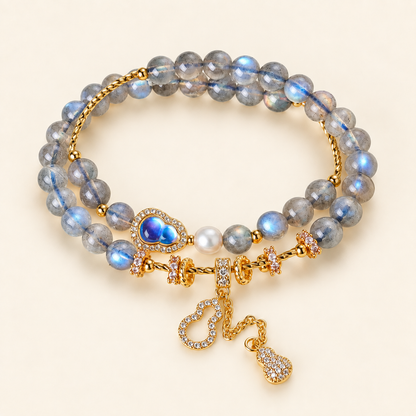 Gray Moonstone Blessings & Prosperity double-wrap gemstone and pearl bracelet, 6mm