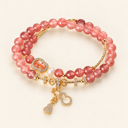 Strawberry Quartz Blessings & Prosperity double-wrap gemstone and pearl bracelet, 6mm