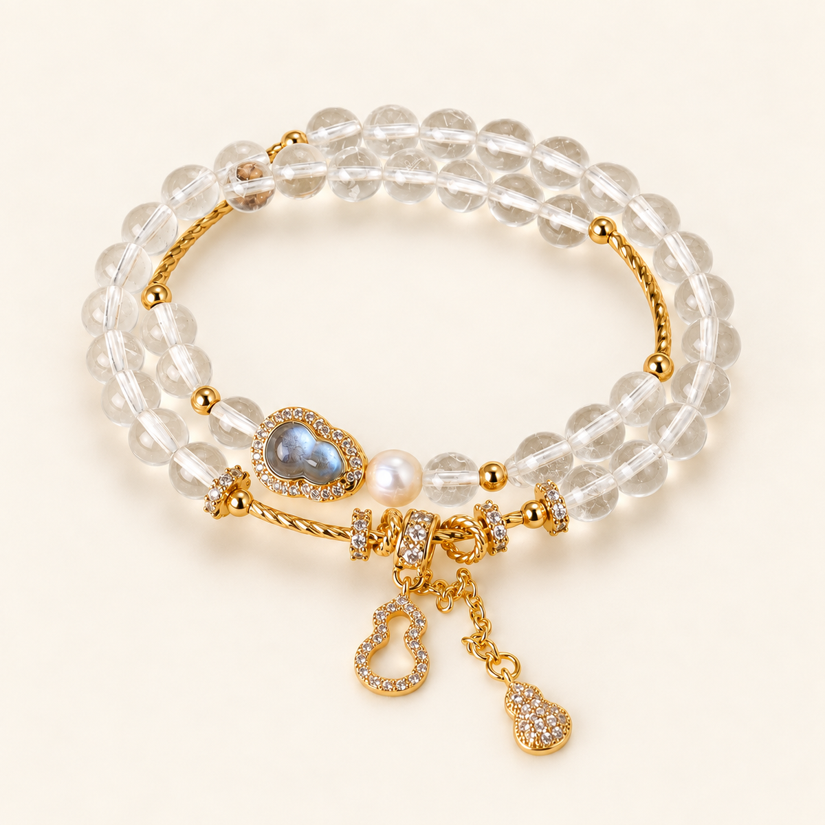 Clear Quartz Blessings & Prosperity double-wrap gemstone and pearl bracelet, 6mm