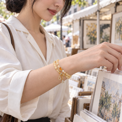 Yellow Tower Quartz worn art market Blessings & Prosperity double-wrap gemstone and pearl bracelet, 6mm