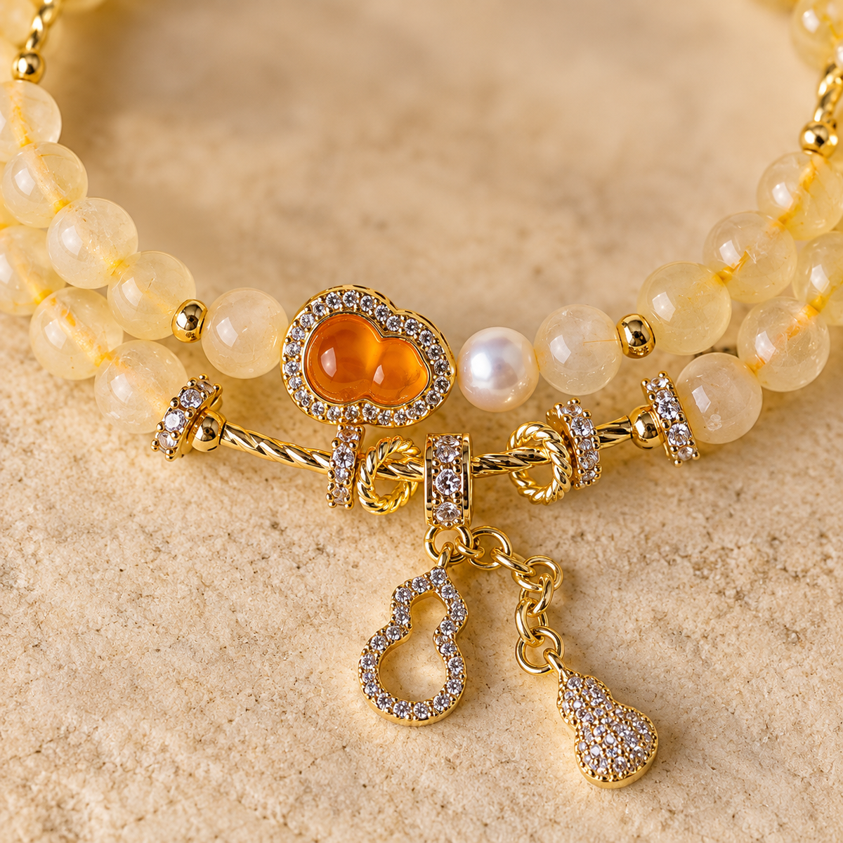Yellow Tower Quartz detail Blessings & Prosperity double-wrap gemstone and pearl bracelet, 6mm