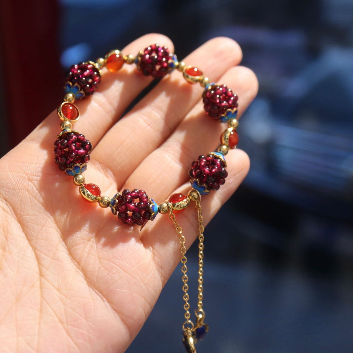 Red agate accent style garnet cluster bracelet