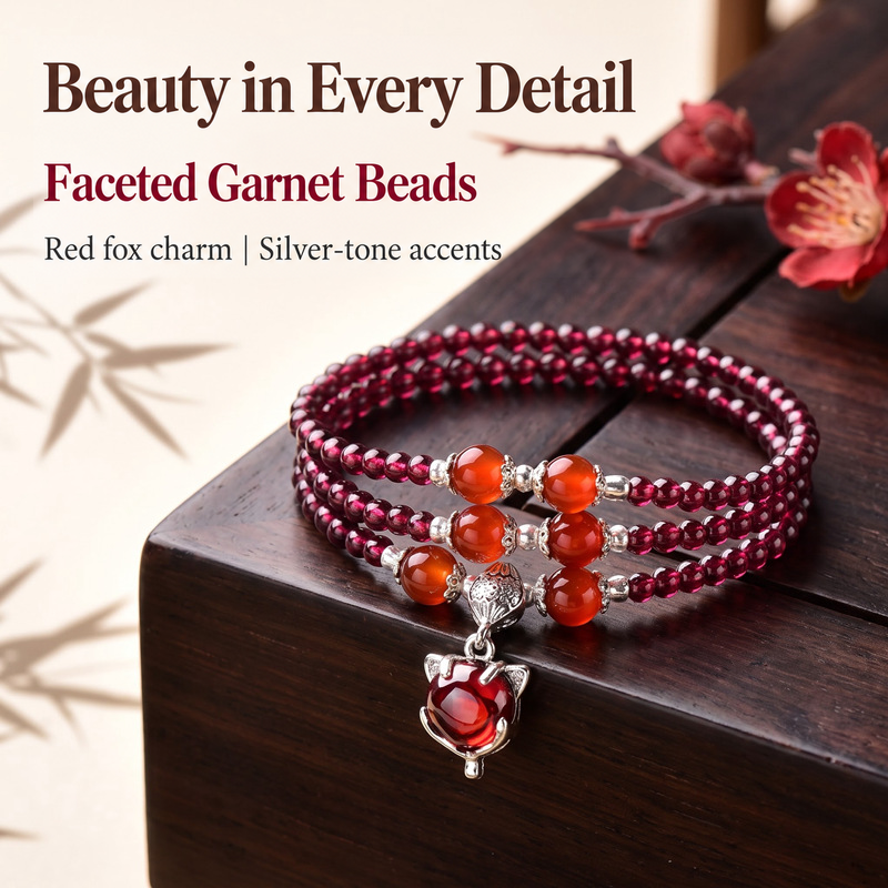 Garnet triple-wrap bracelet showing orange-red accents and silver-tone fox charm on dark wood