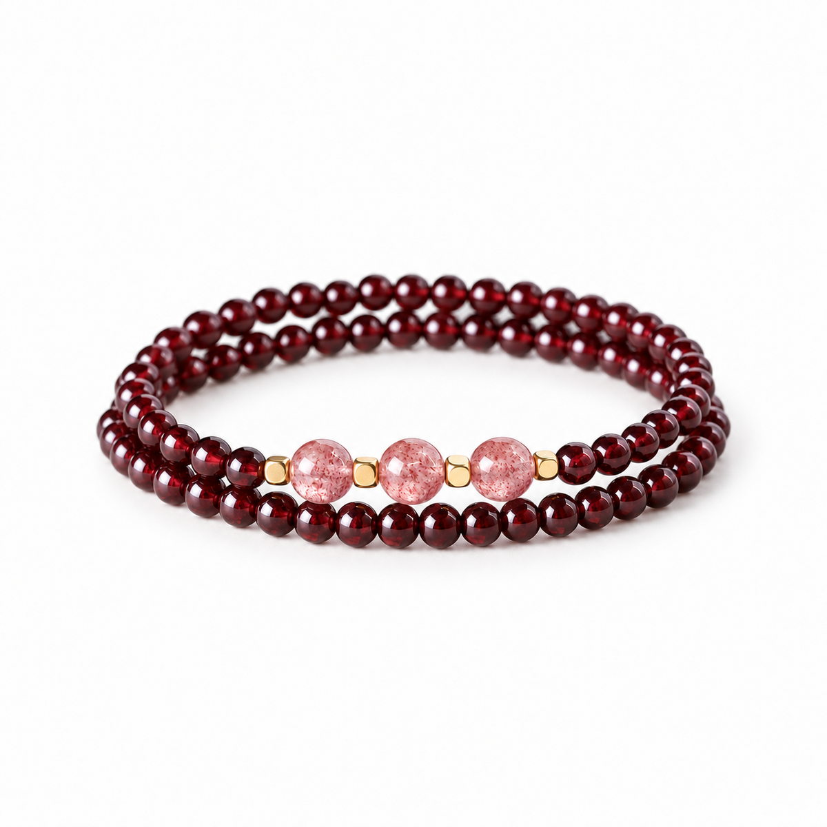Garnet and strawberry quartz double wrap bracelet on white