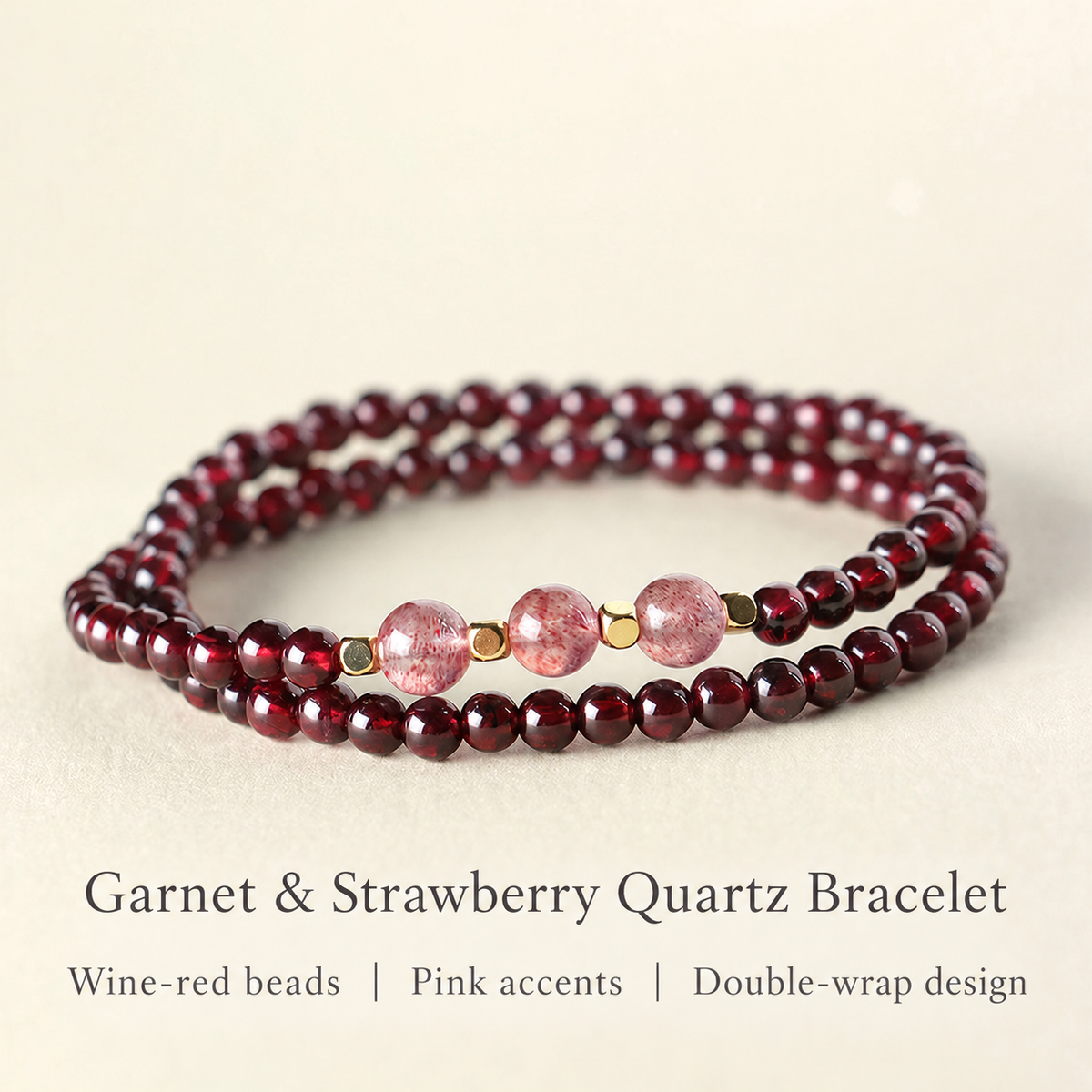 Garnet and strawberry quartz bracelet English overview