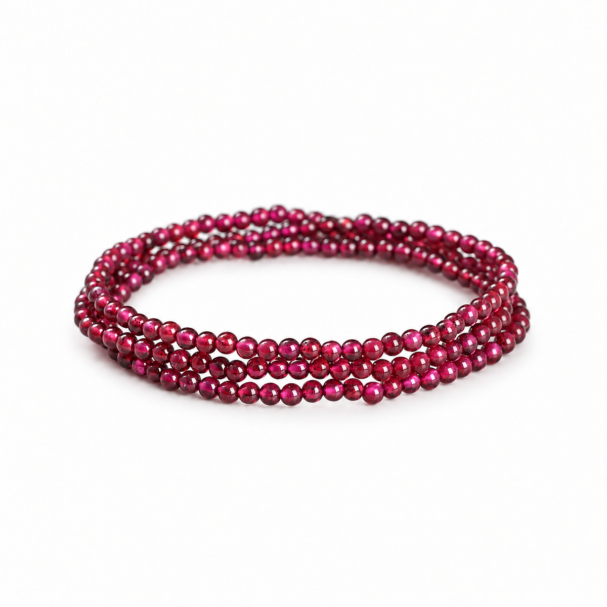 Garnet triple-wrap bracelet with small wine-red round beads on white
