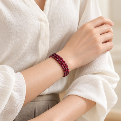 Approximately 3mm garnet triple-wrap bracelet worn on wrist