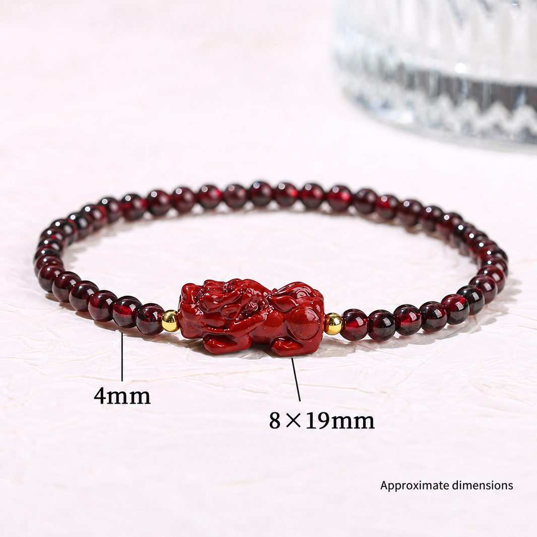 4mm garnet beads and approximately 8 by 19mm red Pixiu