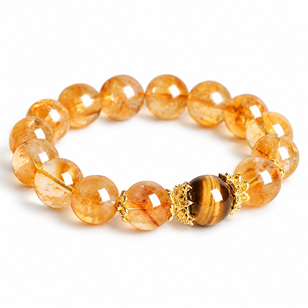 Golden crystal and tiger eye bracelet on pure white