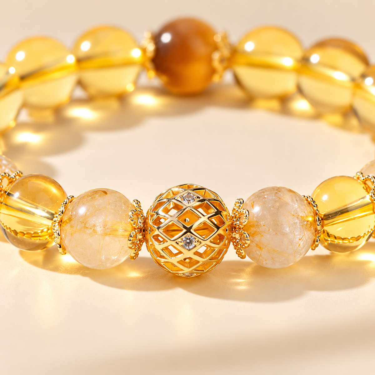 Close-up of lattice center and golden rutilated quartz beads