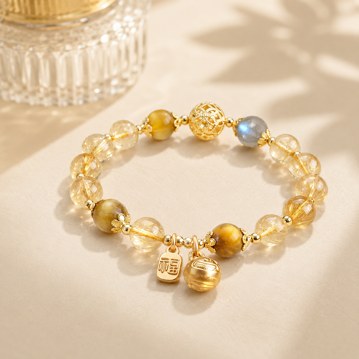 Golden Rutilated Quartz, Tiger Eye & Moonstone Bracelet