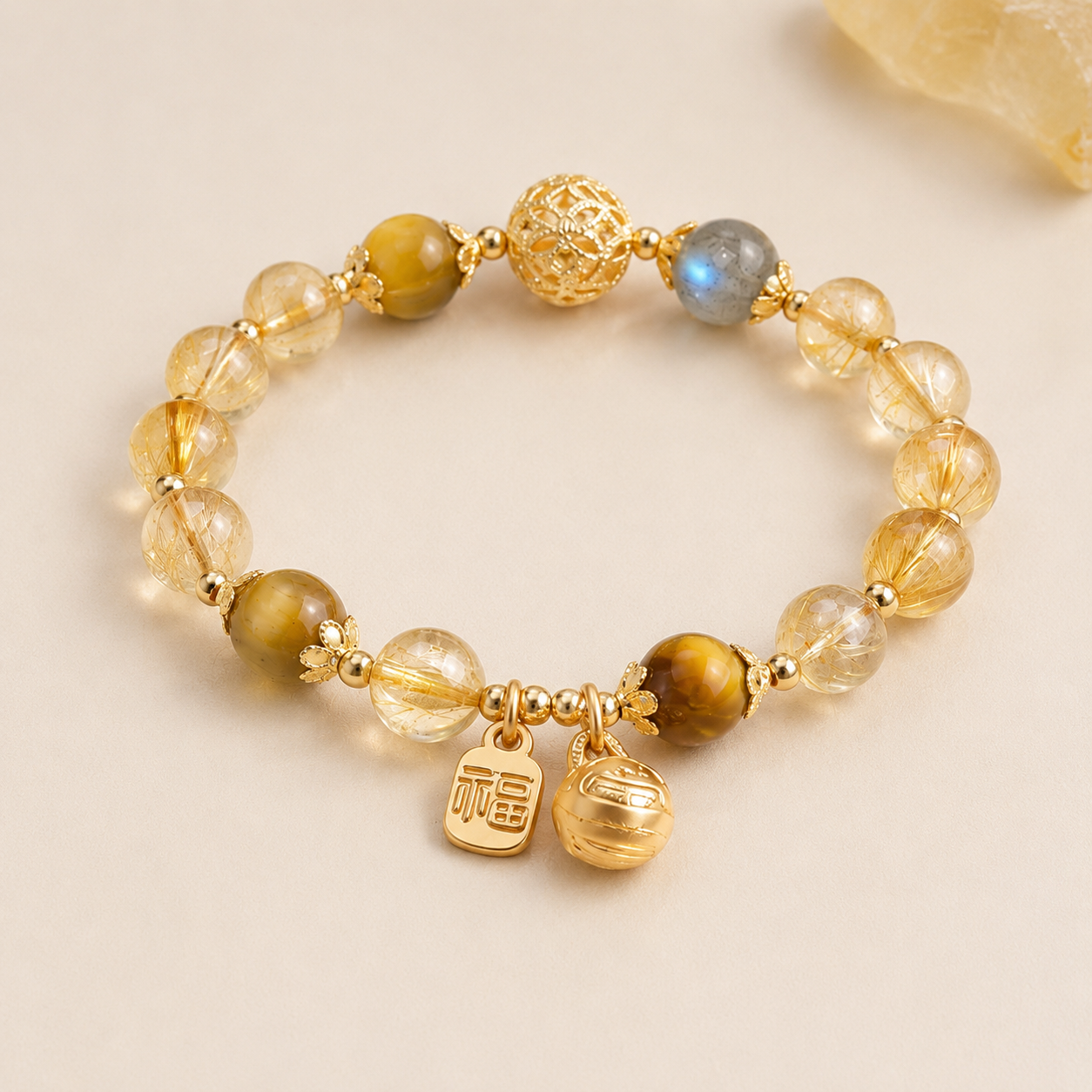 Golden Rutilated Quartz, Tiger Eye & Moonstone Bracelet – centered flatlay product view