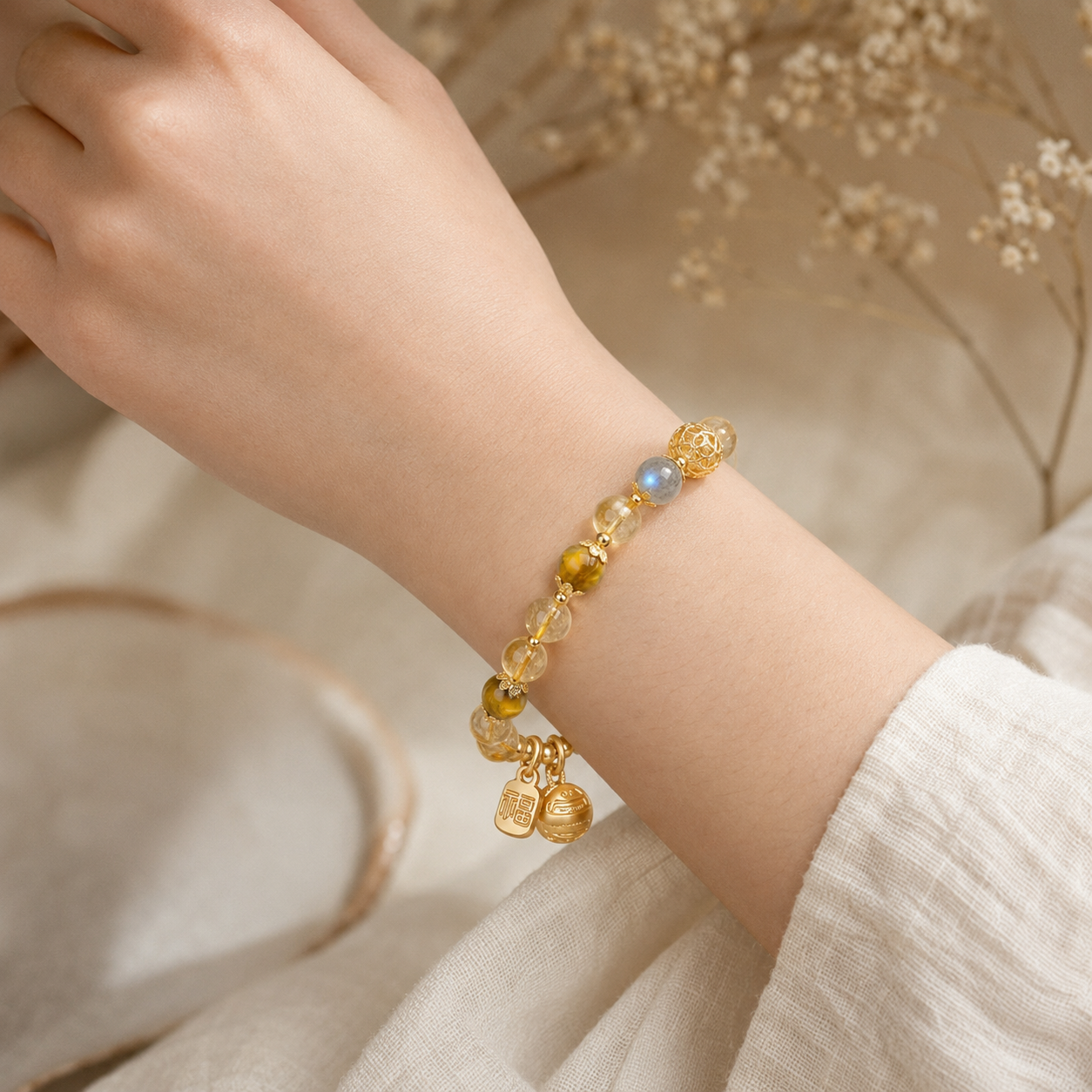 Golden Rutilated Quartz, Tiger Eye & Moonstone Bracelet – realistic on-wrist view