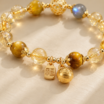 Golden Rutilated Quartz, Tiger Eye & Moonstone Bracelet – bead texture macro detail