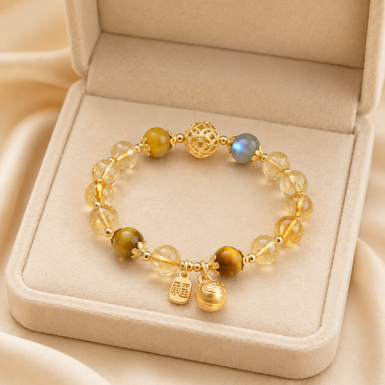 Golden Rutilated Quartz, Tiger Eye & Moonstone Bracelet – beige velvet gift-box view