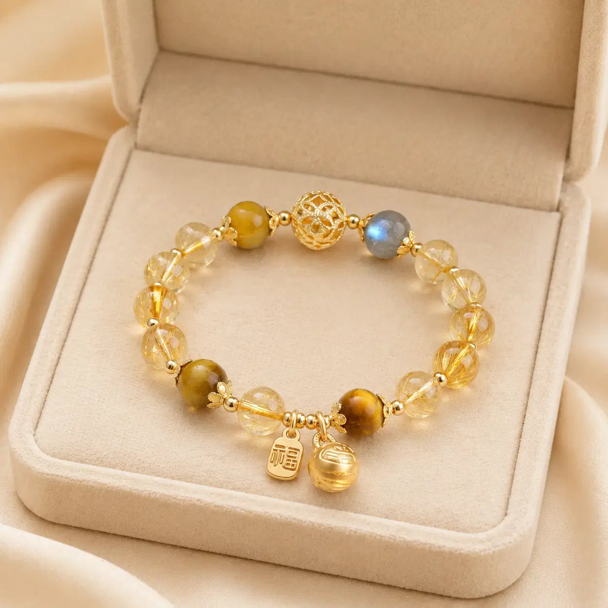 Golden Rutilated Quartz, Tiger Eye & Moonstone Bracelet – beige velvet gift-box view