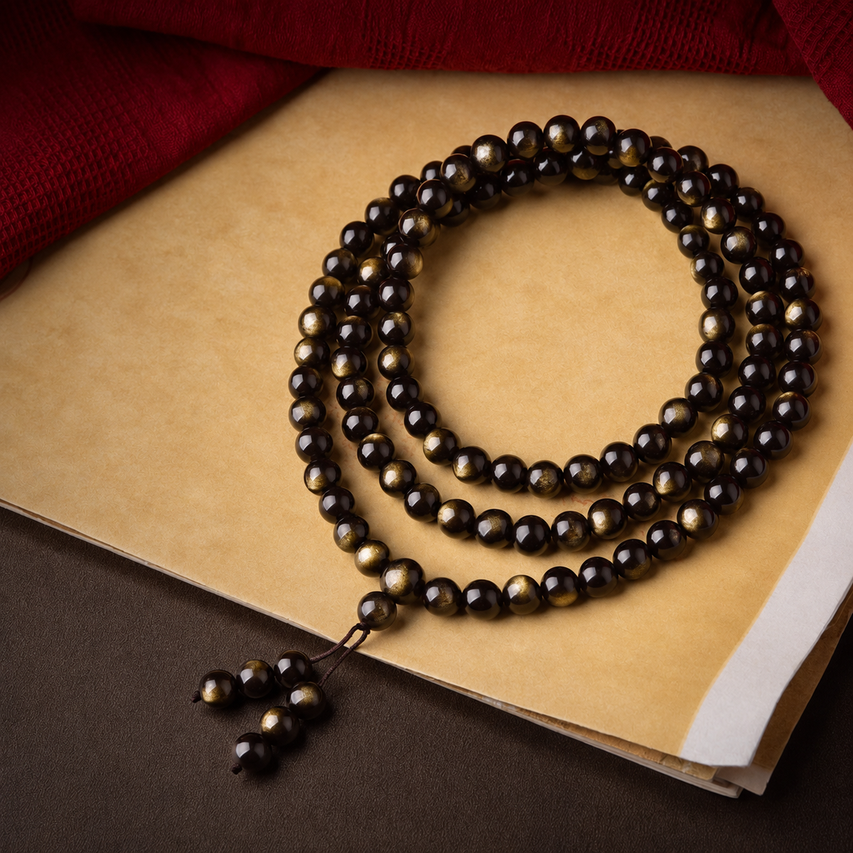 Polished golden sheen obsidian bracelet resting on a book