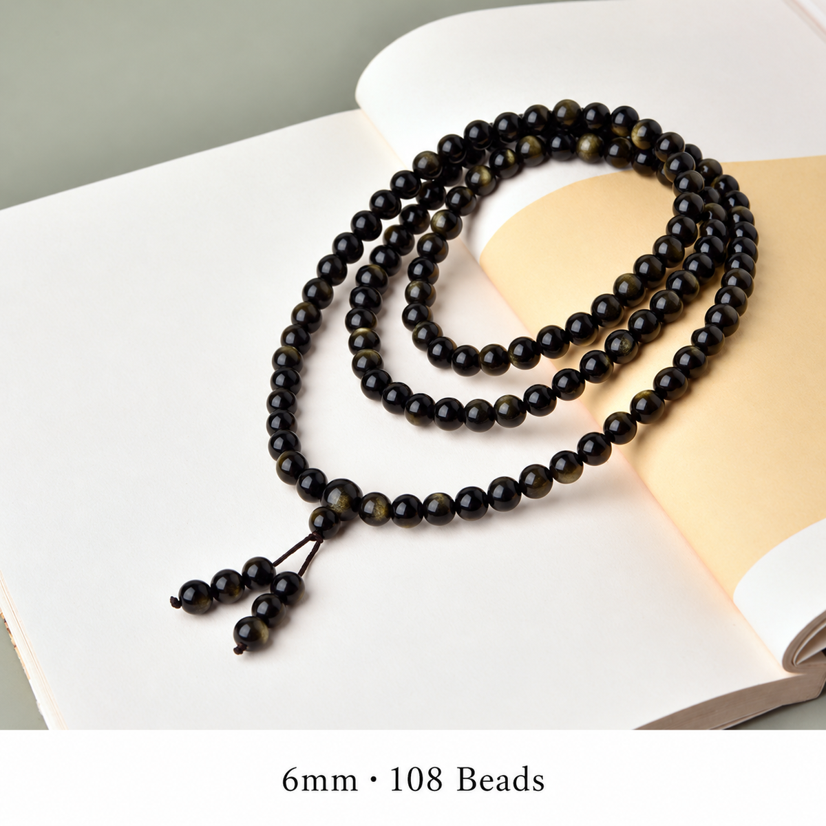 6mm golden sheen obsidian 108-bead bracelet with twin beaded cord tails