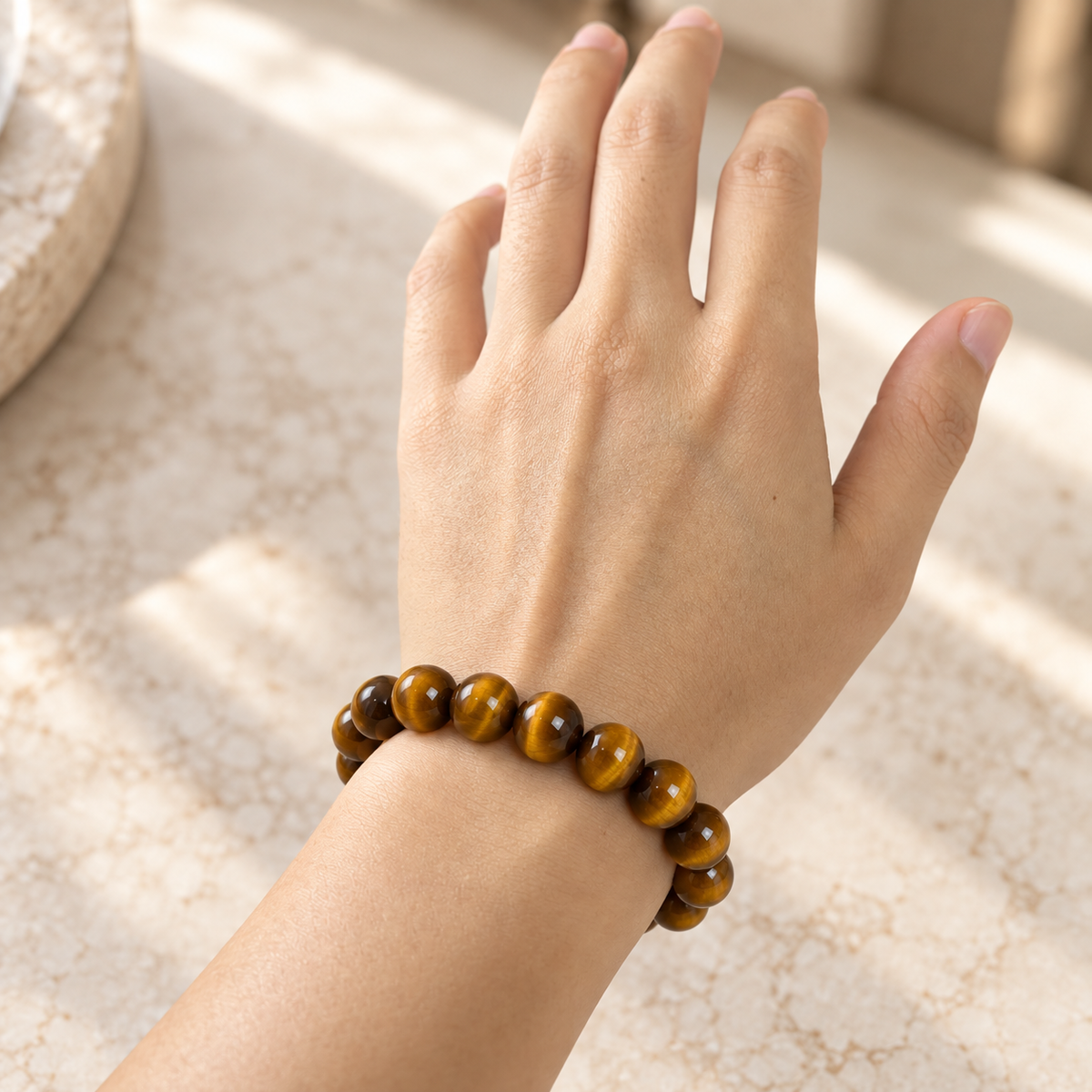 Natural Golden Tiger Eye Bracelet – 12mm – worn view 1