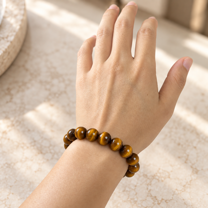 Natural Golden Tiger Eye Bracelet – 12mm – worn view 1