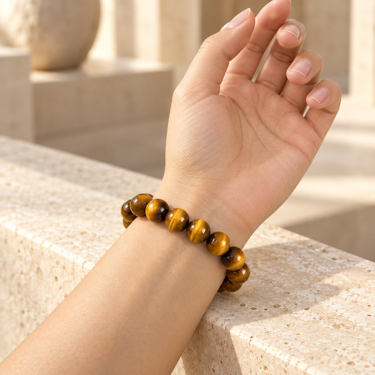Natural Golden Tiger Eye Bracelet – 12mm – worn view 3
