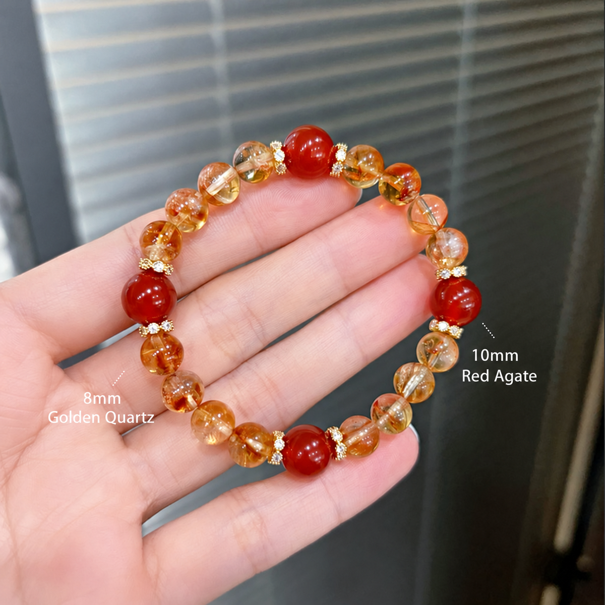 Floral spacer bracelet with 8mm golden quartz and 10mm red agate