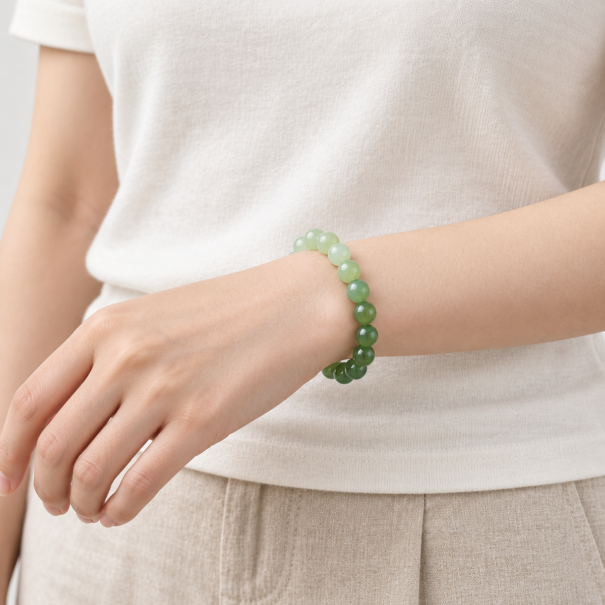 Gradient green Hetian jade bracelet worn with a white top, front view
