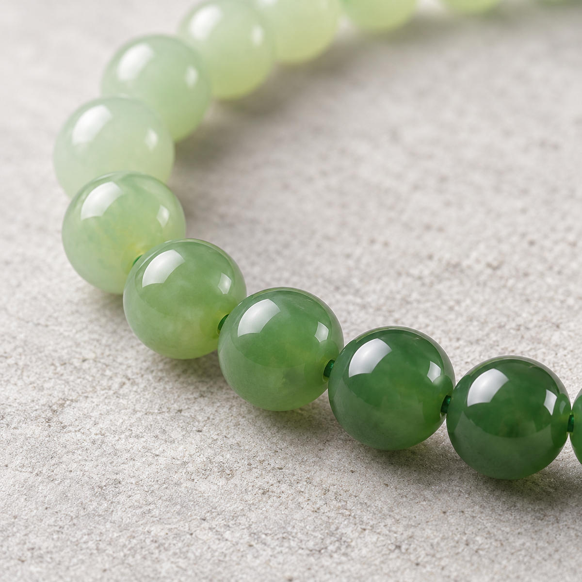 Close-up of polished green Hetian jade beads and internal markings