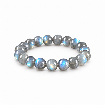Gray moonstone bead bracelet on a white background
