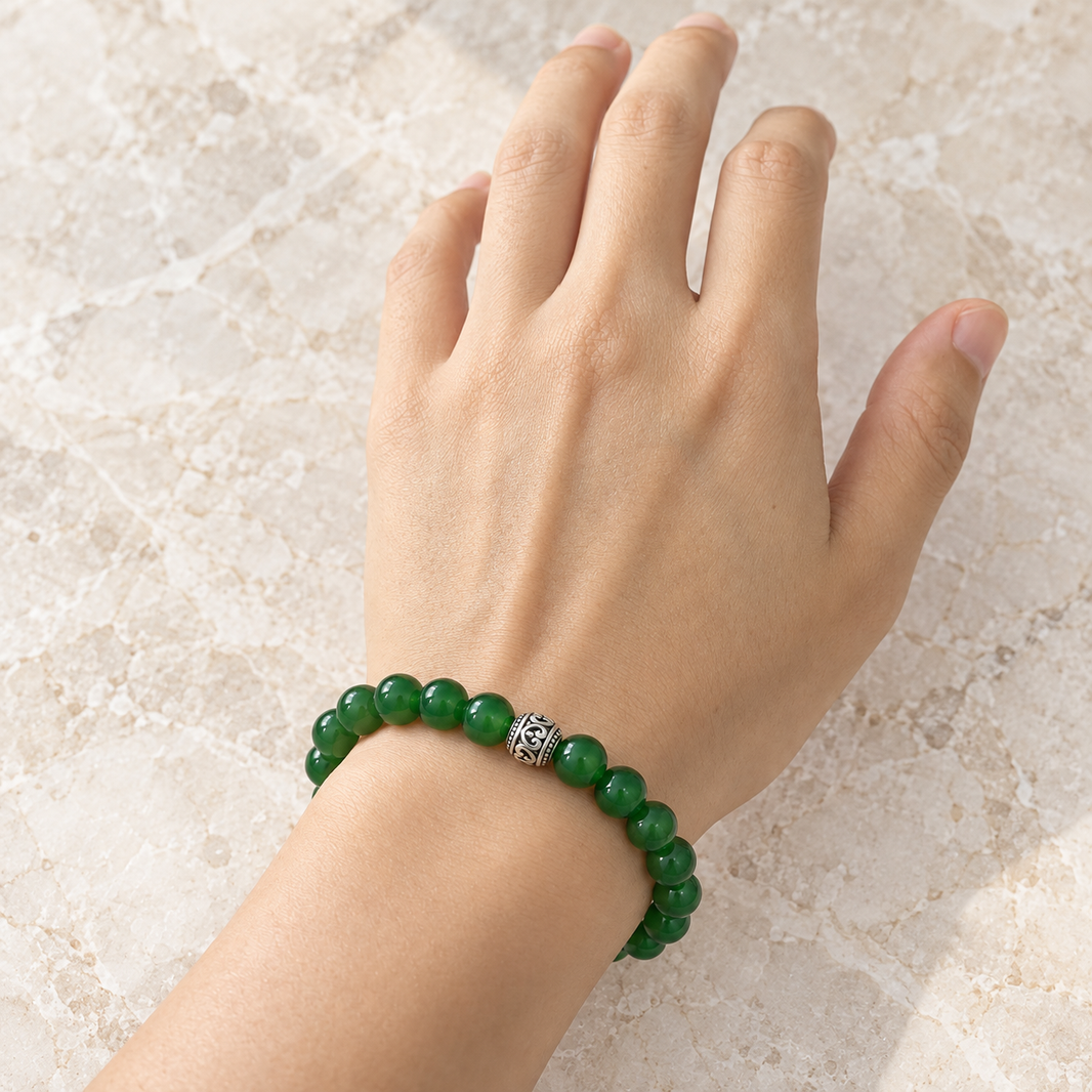 Natural Green Agate Bracelet – 8mm – worn hand view