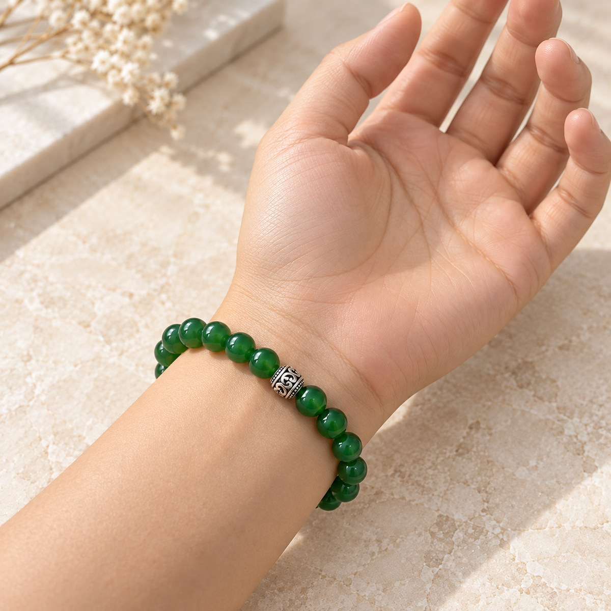 Natural Green Agate Bracelet – 8mm – worn palm view