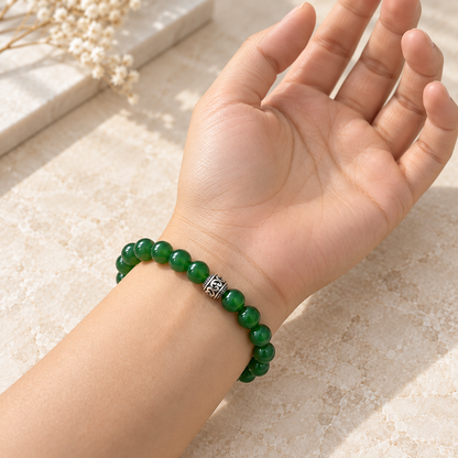 Natural Green Agate Bracelet – 8mm – worn palm view
