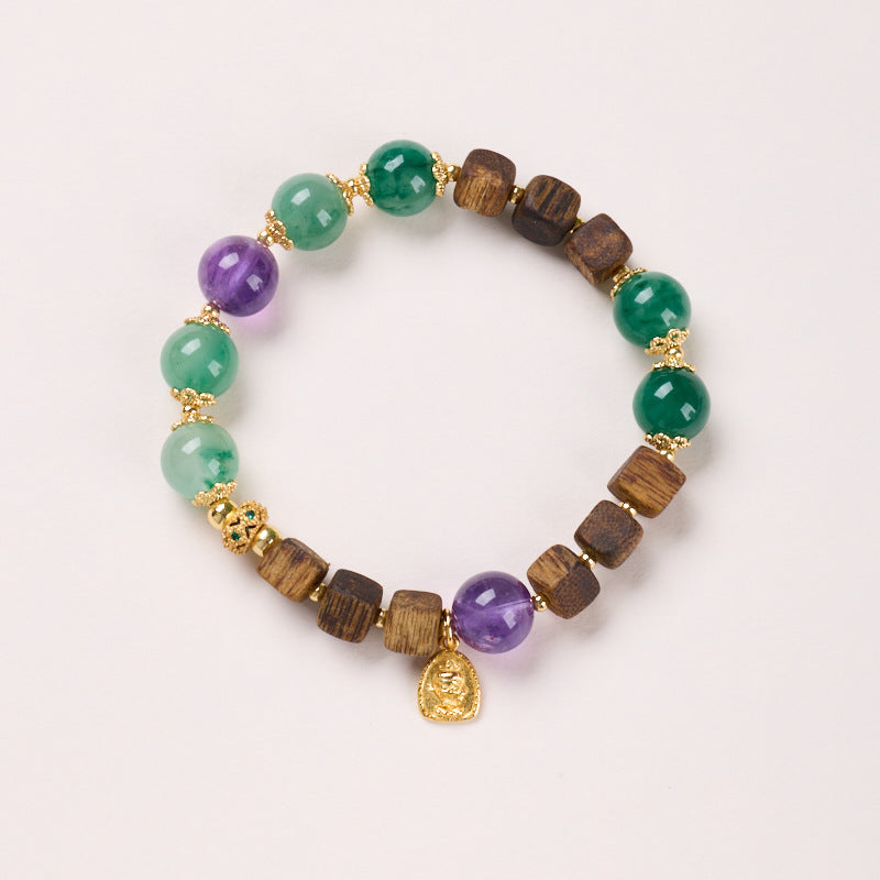 10mm green stone bracelet with wood, purple beads and Buddha charm