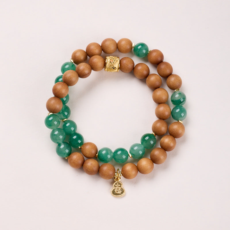 8mm deep green and wood double-wrap bracelet with gourd charm