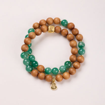 8mm deep green and wood double-wrap bracelet with gourd charm