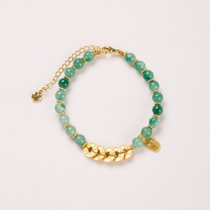 6mm green stone bracelet with five coin charms
