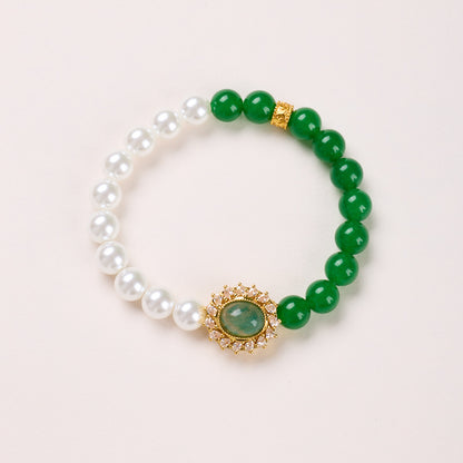 8mm deep green and pearl-accent bracelet with oval green centerpiece