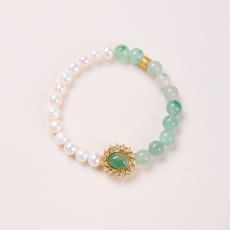 8mm pale green and pearl-accent bracelet with oval green centerpiece
