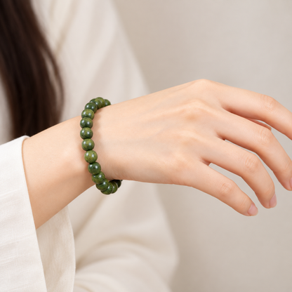 Green wood bead bracelet wrist close-up