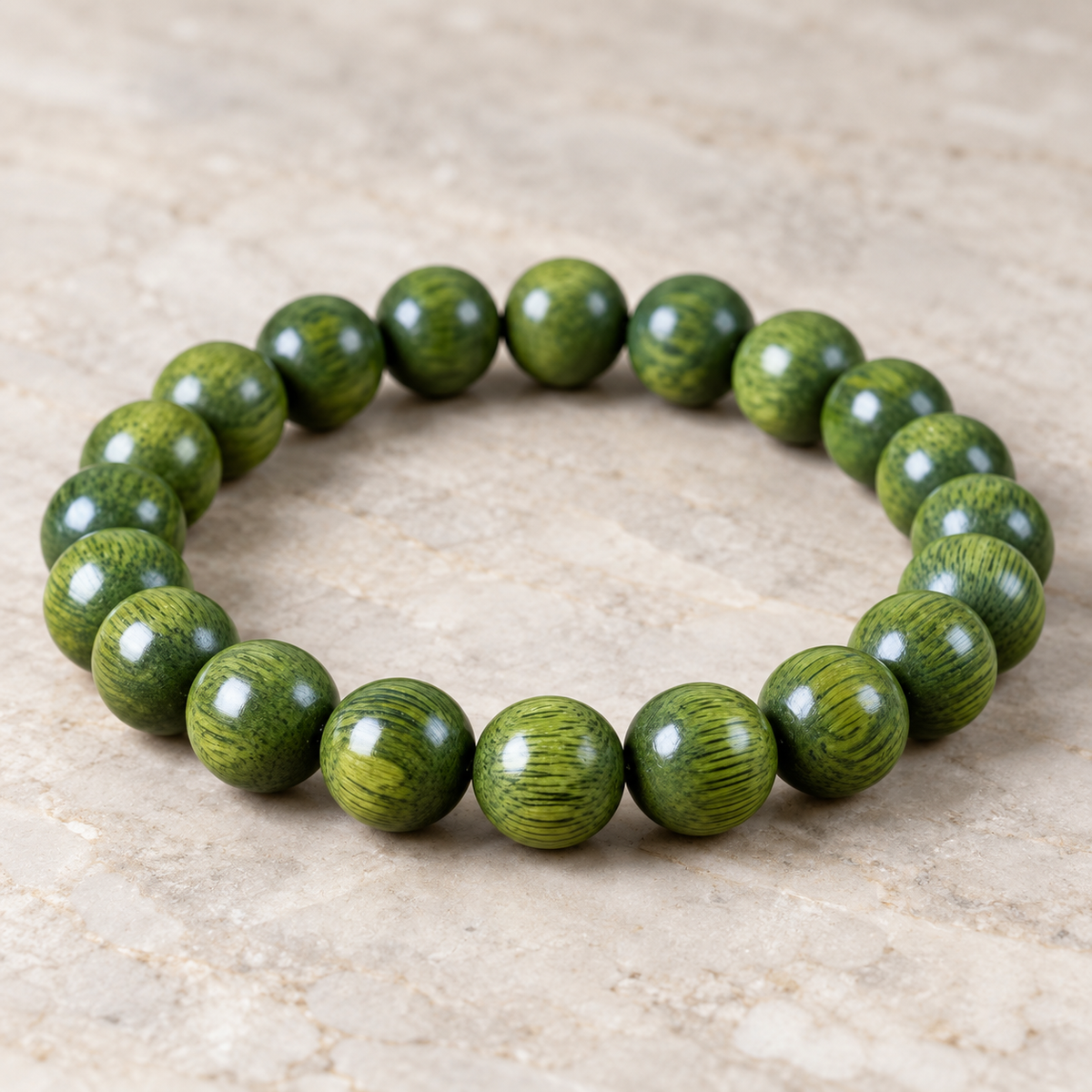 Angled view of green wood bracelet