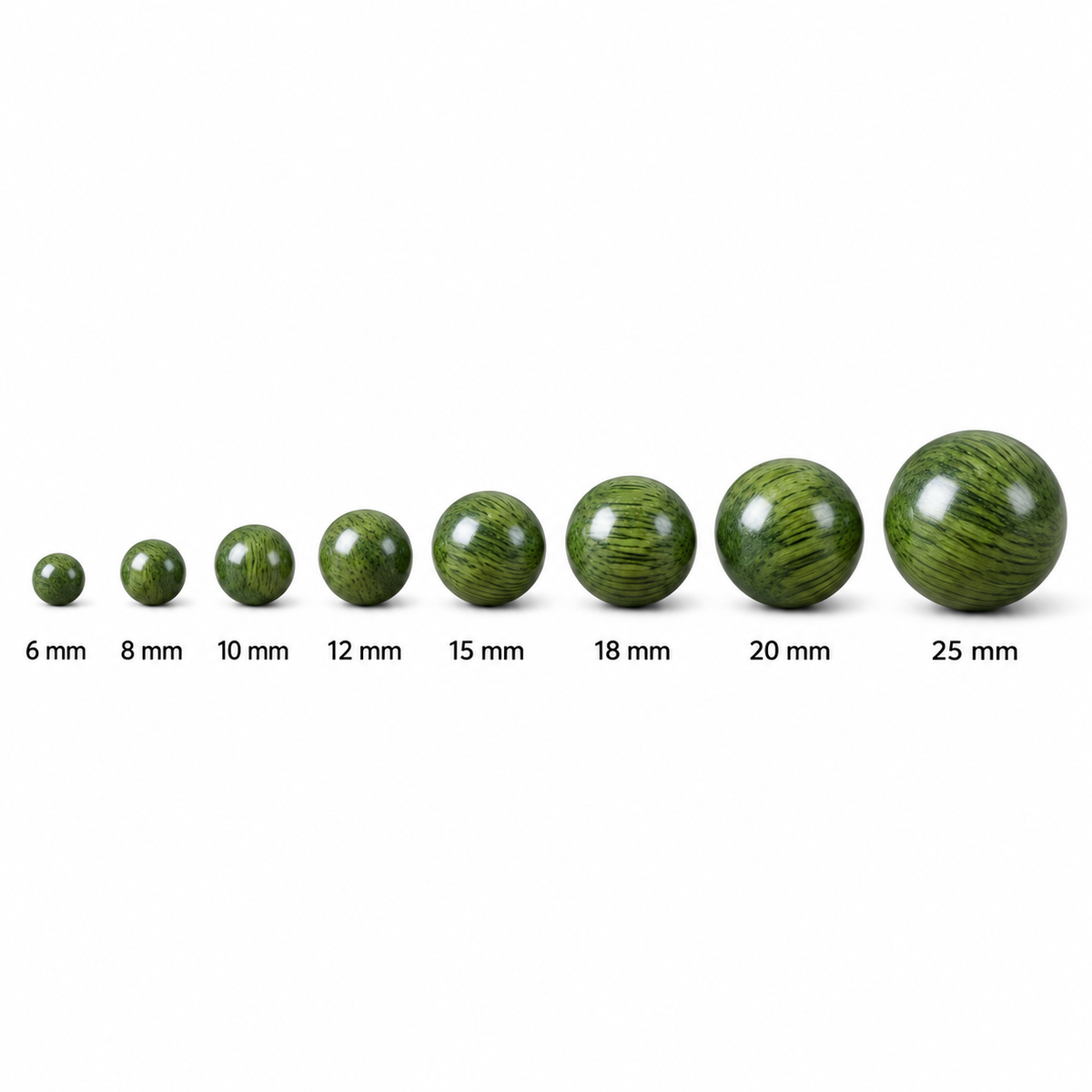 Bead diameter comparison: 6mm, 8mm, 10mm, 12mm, 15mm, 18mm, 20mm and 25mm